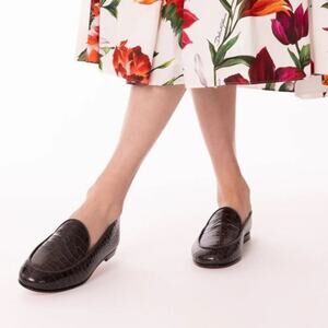 Aquazzura Guanto Black Croc Embossed Leather Slip on Loafers Size 39 1/2